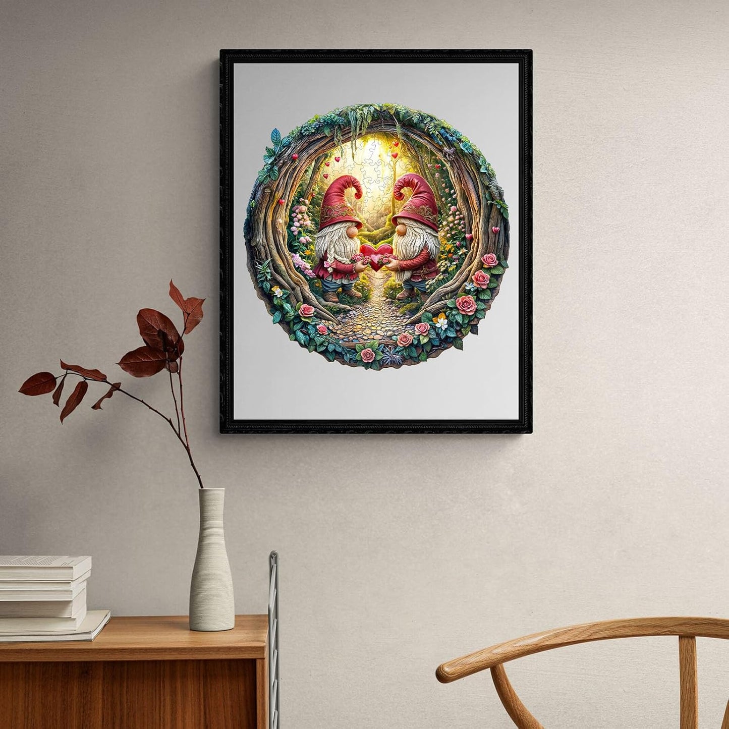 KAAYEE Wooden Puzzles for Adults, 3D Visual Effect Gnome Couple Wooden Jigsaw Puzzle Unique Shape Wood Puzzle Adult, 3D Effect Flat Puzzle Birthday Family Games (L-13.4 * 13.3in-300pcs)