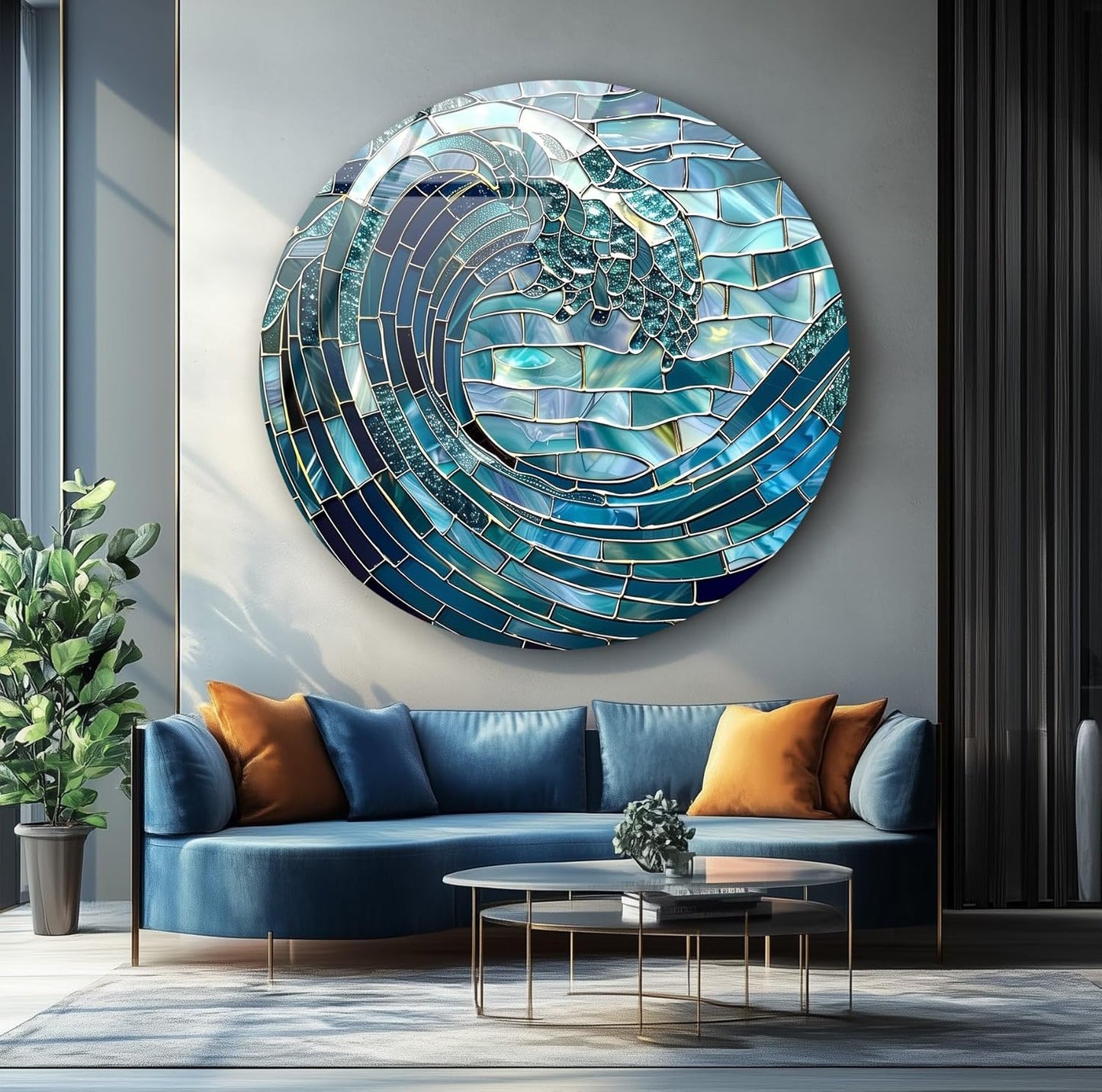My Photostation.com 10''(25cm) Diameter Ocean Wave in Blue Mosaic Round Glass Wall Art Tempered Glass Printing Wall Decor Large Wall Art Wall Hangings