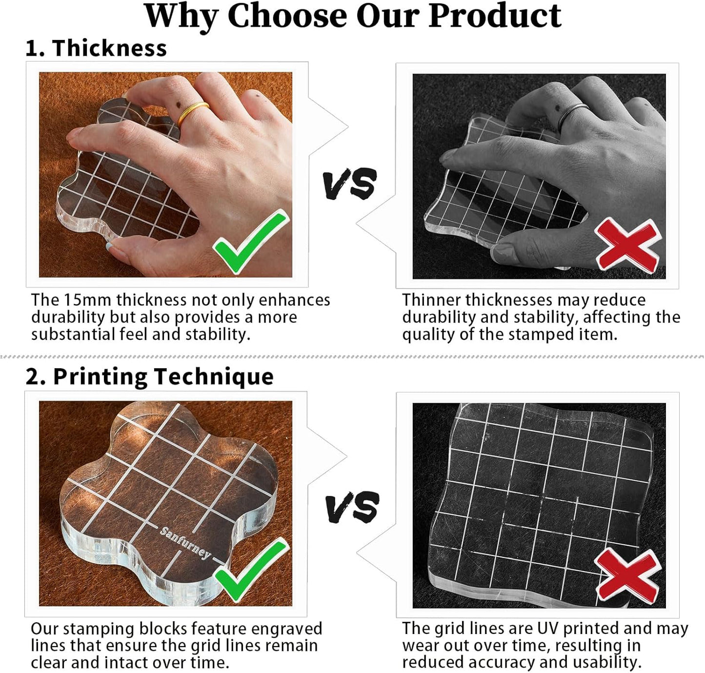 Sanfurney 1 Piece Acrylic Stamp Block, 15mm Thick, Clear Stamping Tool with Grid Lines Decorative Stamp Block for Scrapbooking Crafts Card Making