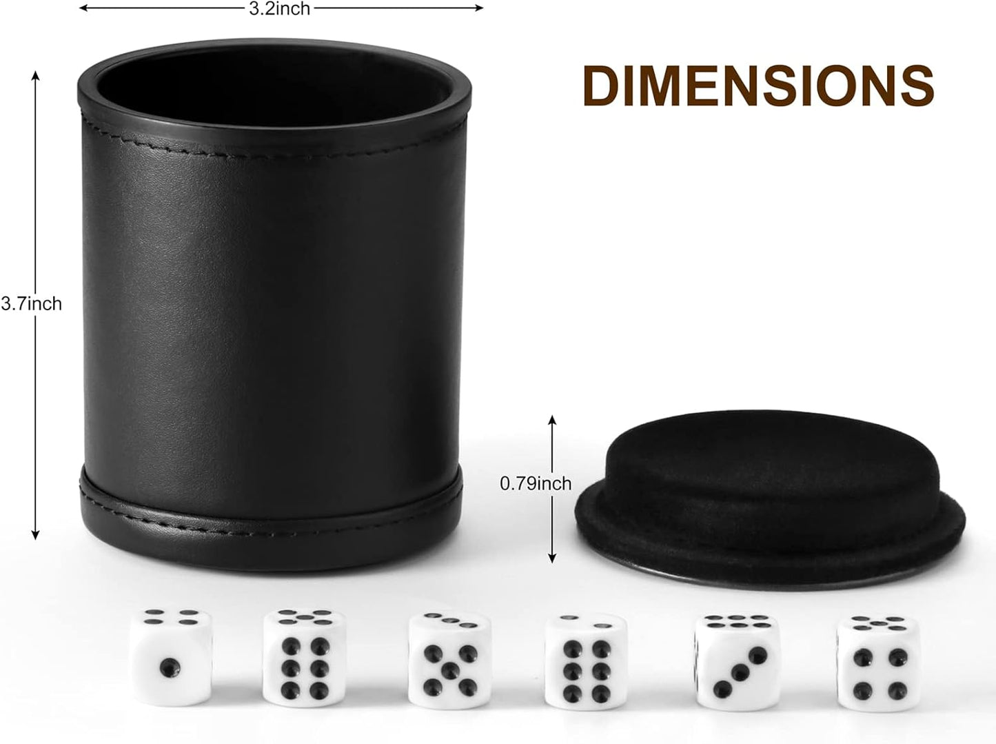 Felt Lined Dice Cup PU Leather Set, Quiet Shaker for Dice Board Family Games Yahtzee Farkle, Set of Six 16mm Rolling Dice Included