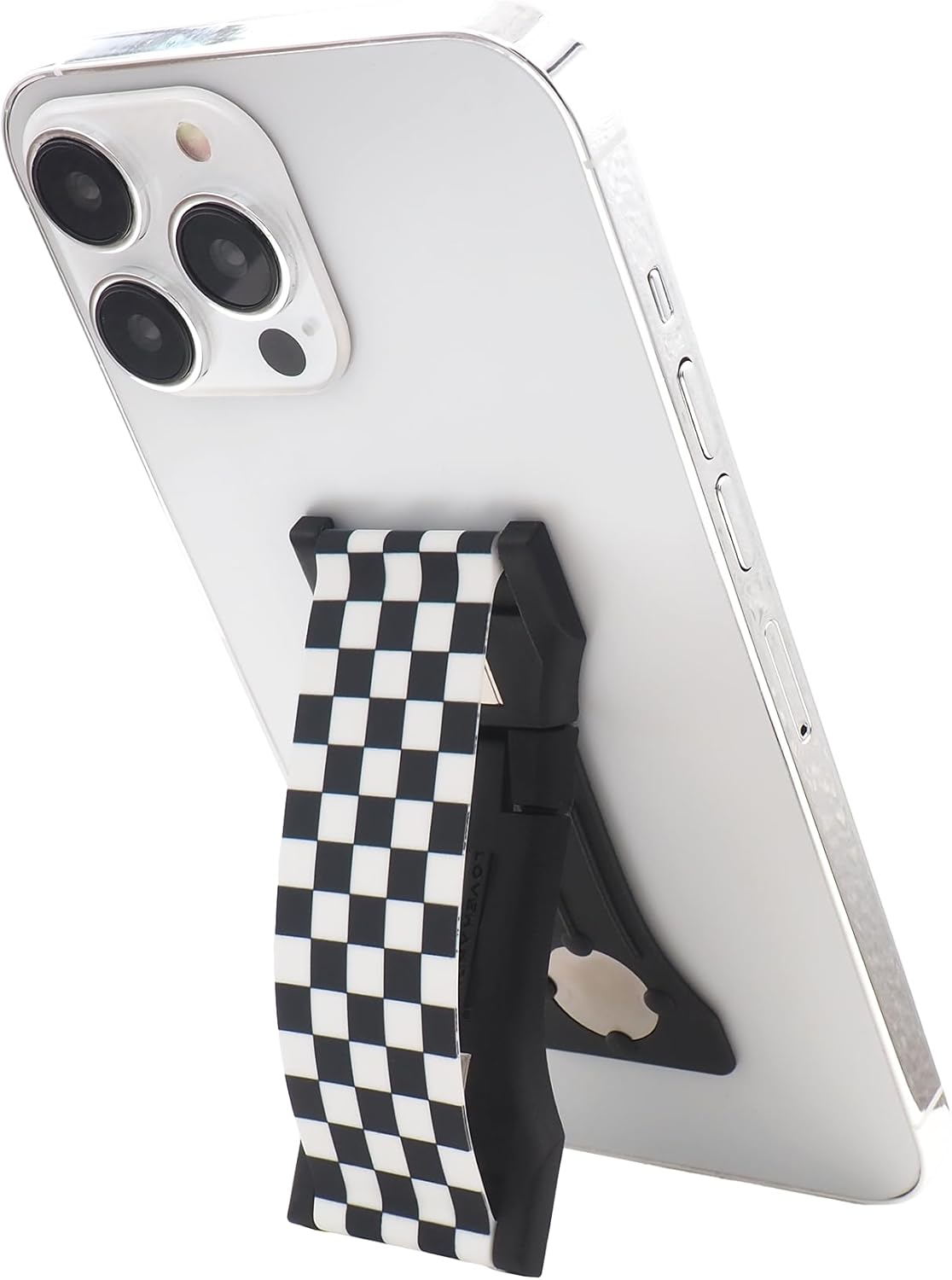 LOVEHANDLE PRO Premium Phone Grip - Silicone Phone Strap - Magnetic Phone Mount and Kickstand for Smartphone and Tablet - Black and White Checkered