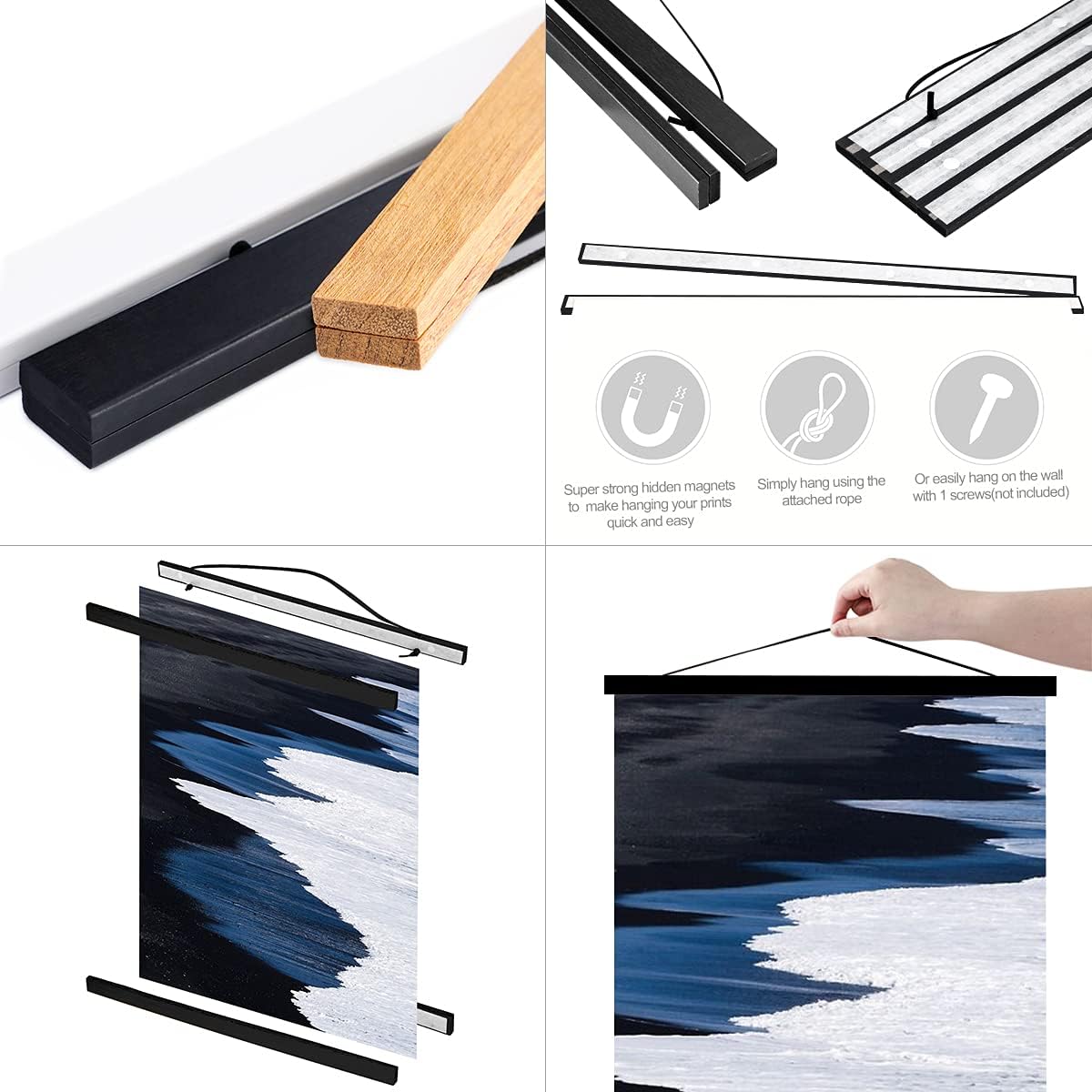 Ywlake Magnetic Poster Hanger, 36x48 36x24 36x12 Poster Frame Wood Wooden Magnet Print Posters Dowel Scroll Hanger Hangers Hanging Kit for Walls Map Canvas Artwork (Black, 36")