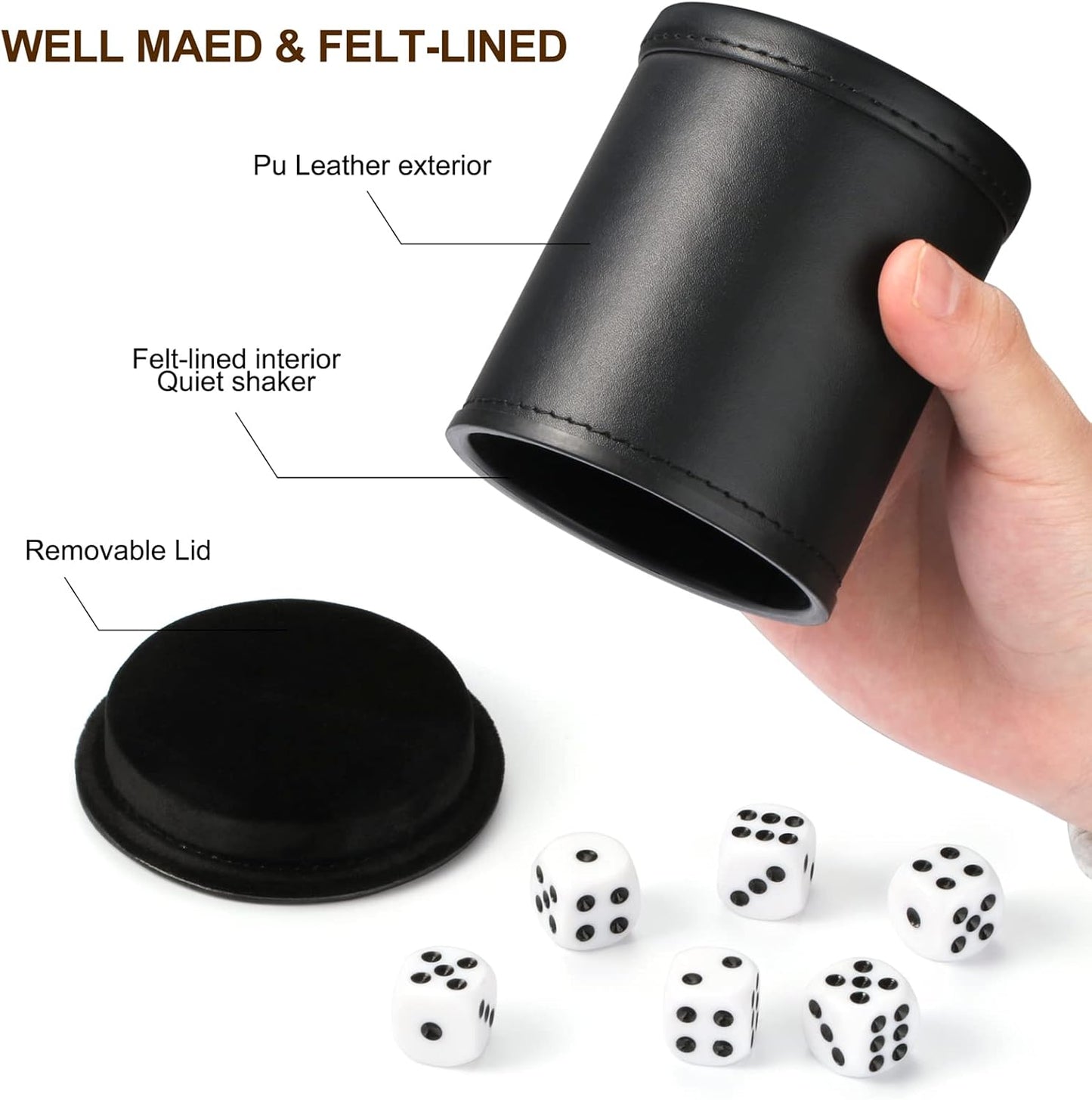 Felt Lined Dice Cup PU Leather Set, Quiet Shaker for Dice Board Family Games Yahtzee Farkle, Set of Six 16mm Rolling Dice Included