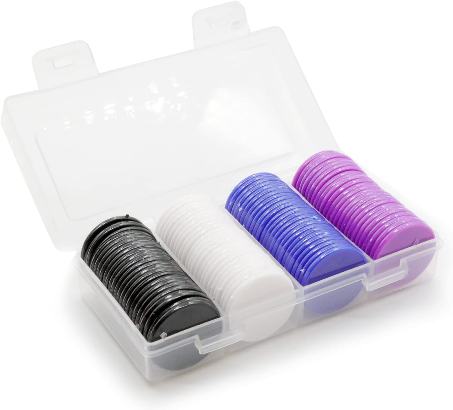 Set of 100 Opaque Plastic Learning Counters Mini Poker Chips Game Tokens with Storage Box (Black+White+Blue+Purple, 1 Inch)