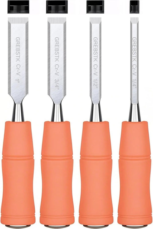 GREBSTK 4 Pcs Wood Chisel Set, CRV Steel Bevel Sharp Edge Bench Chisels with Metal Striking Cap, for Woodworking and DIY Projects, 8"x(1/4", 1/2", 3/4", 1")