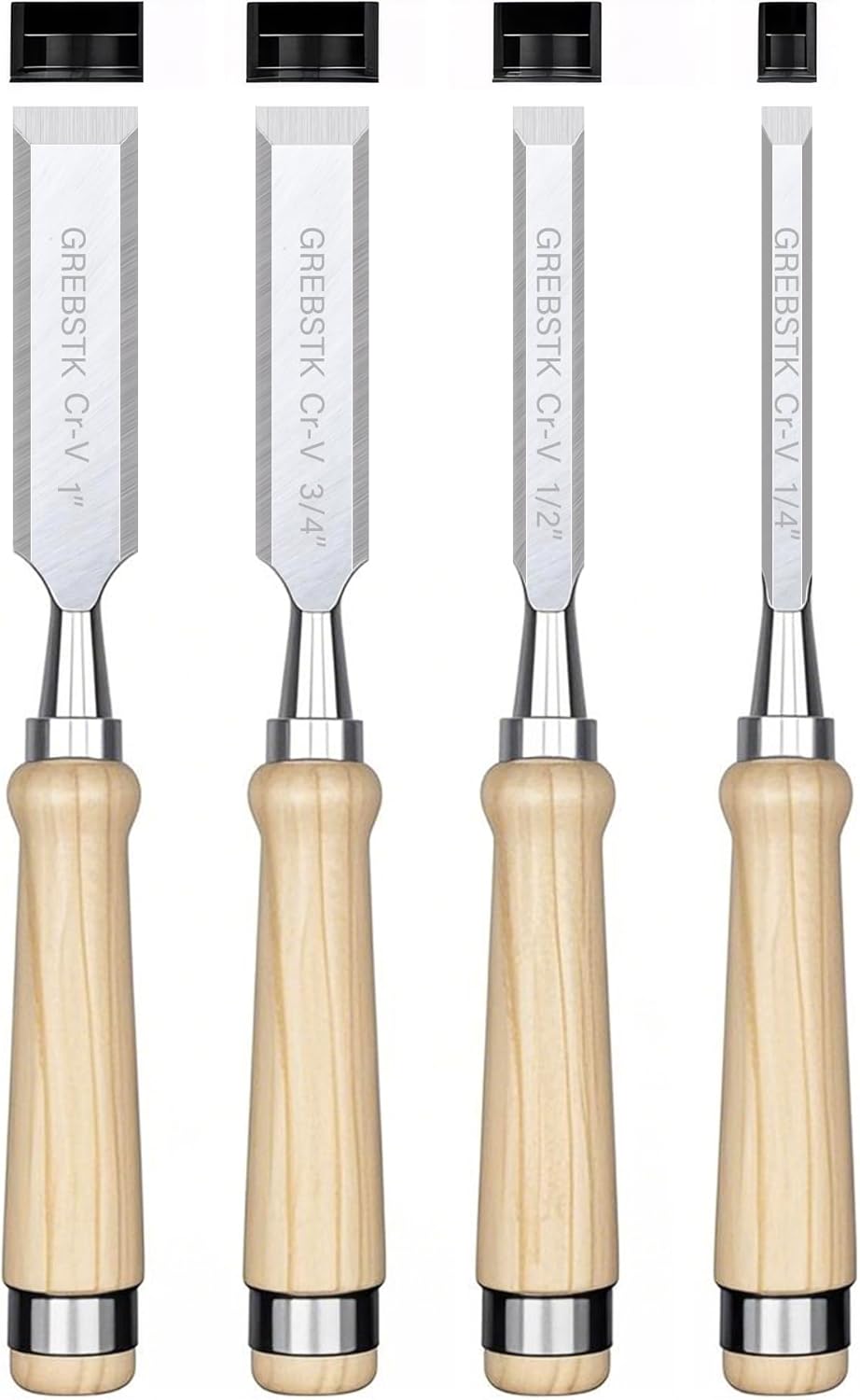 GREBSTK 4 Pcs Wood Chisel Set, CRV Steel Bevel Sharp Edge Bench Chisels with Safety Caps, Comfortable Oversized Solid Wood Handle, for Woodworking and DIY Projects, 11"x(1/4", 1/2", 3/4", 1")