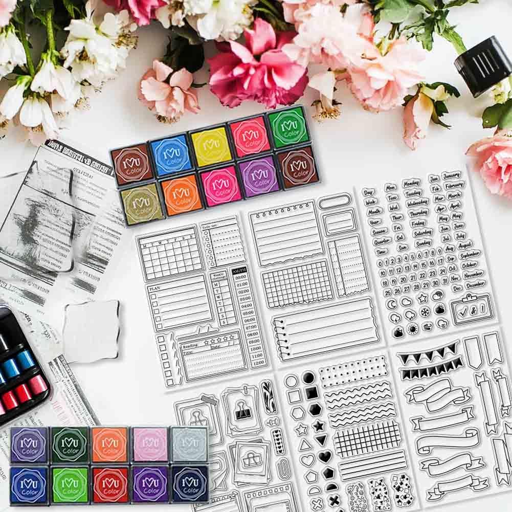 29 Pcs Journal Stamps for Crafting Card Making Supplies Set Include 3 Acrylic Clear Stamp Blocks, 6 Clear Silicone Stamps Seals, 20 Craft Ink Pads Calendar Planner Stamp for DIY