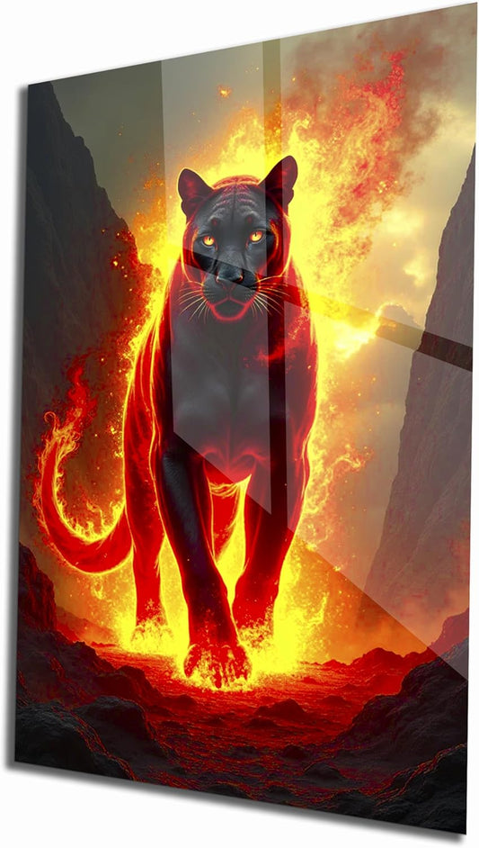 SpiritualHands Fiery Black Panther Glass Wall Art Painting for Living Room, Tempered Glass Modern Prints Decor, Large Vivid Color Panel for Bedroom, Kitchen, or Office