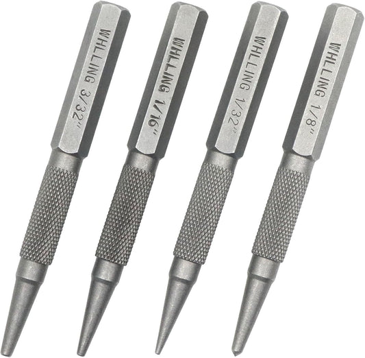 4-Piece Nail Setter Punch and Center Punch Set, Heat Treated Alloy Steel with Knurled Grip Most Commonly Used Sizes for Carpenters Woodworkers