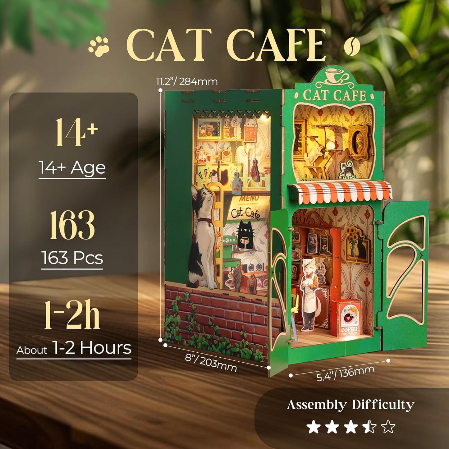 Book Nook Kit,DIY Miniature House Kit for Adults, Teens and Beginners, Dollhouse Booknook Cat Cafe Tiny House Bookshelf Decor 3D Wooden Puzzle, Gifts for Family, Friends