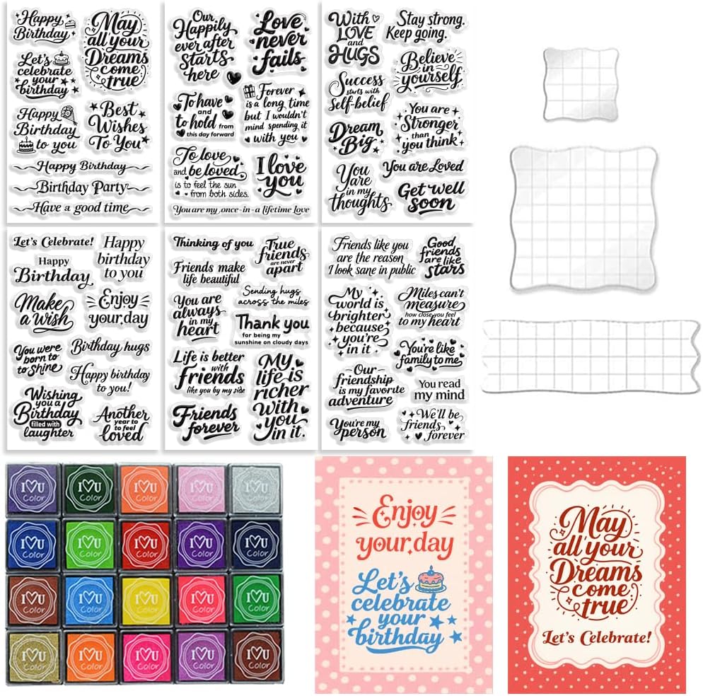 6 Pcs Greeting Words Clear Stamps for Card Making Supplies 20 Ink Pad 3 Acrylic Stamp Block Silicone Stamp with Holiday Bless Happy Birthday Stamps for Crafting DIY Scrapbooking Journal