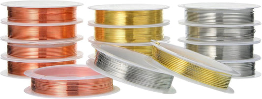 Mixweer 15 Pcs 5 Size Copper Wire 18 20 22 26 32 Gauge Tarnish Resistant Jewelry Wire for Jewelry Making 121 Yard Metal Beading Crafting, Rose Gold, Silver and Gold