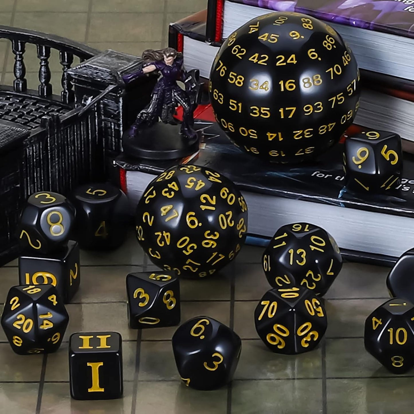 CiaraQ DND Polyhedral Dice Set (15pcs) D4-D100 Game Dice with Dice Bag for Dungeons and Dragons Role Playing Table Games (Black & Yellow)