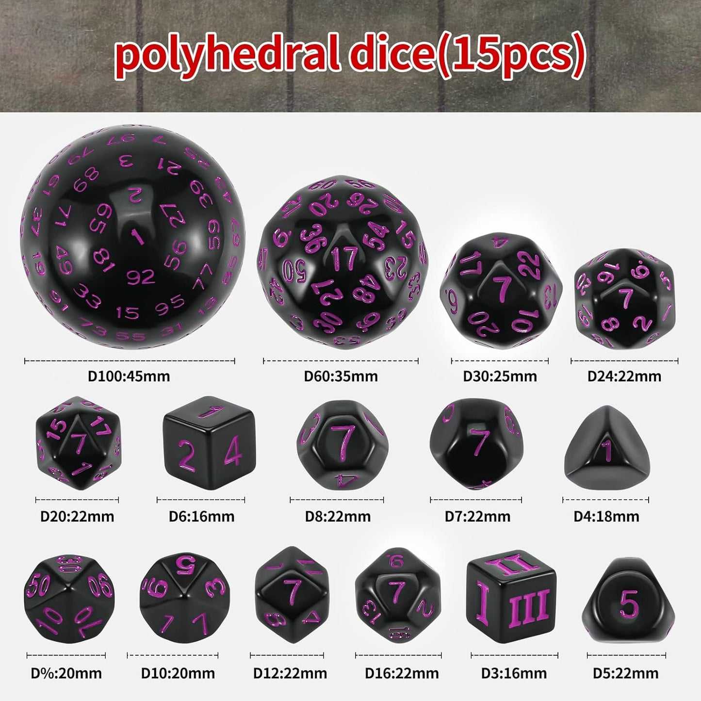 CiaraQ DND Polyhedral Dice Set (15pcs) D4-D100 Game Dice with Dice Bag for Dungeons and Dragons Role Playing Table Games (Black & Purple)