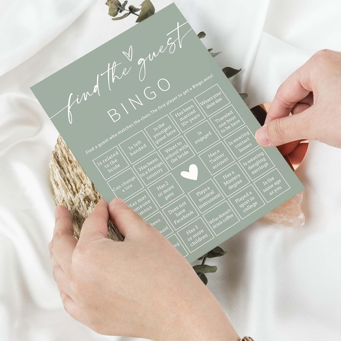 Bridal Shower Games Cards, 25Pcs Prefilled Find The Guest Bingo Game Cards, Engagement Party Games for Guests, Minimalist Green Wedding Party Supplies - C19