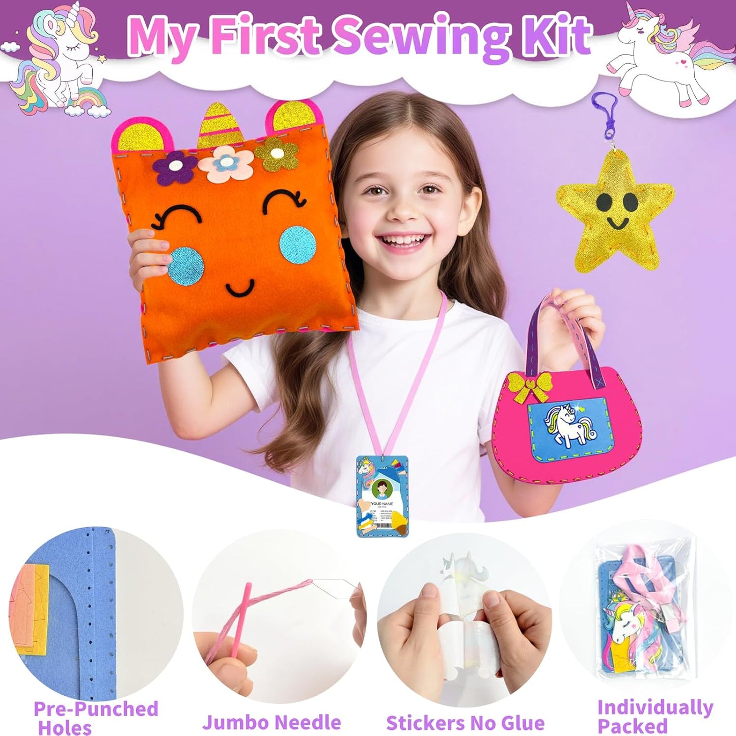 DUOROUBAO 8-in-1 Sewing Kit for Kids, Unicorn Kids Sewing Kits for Ages 5-10 Girls Beginner Easy to Do Craft Kits No Mess with Full Instructions My First Sewing Kit Birthday Christmas Gift for Girl