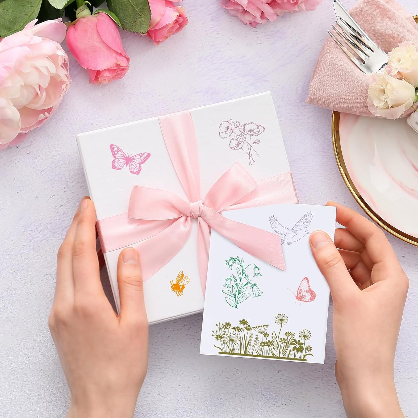 Whaline 5 Sheets Wildflower Clear Stamps Floral Leaves Butterfly Silicone Transparent Stamps for DIY Craft Card Making Scrapbooking Embossing Album Decor