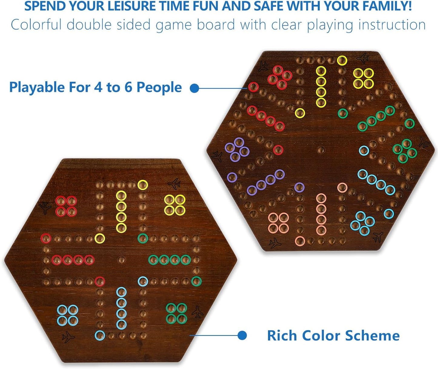 Wahoo Marble Board Game Thicken Wood 4 and 6 Players Fast Track Board Game 2 Sided Painted Perfect Game for Family Friends Party (Rustic Brown)