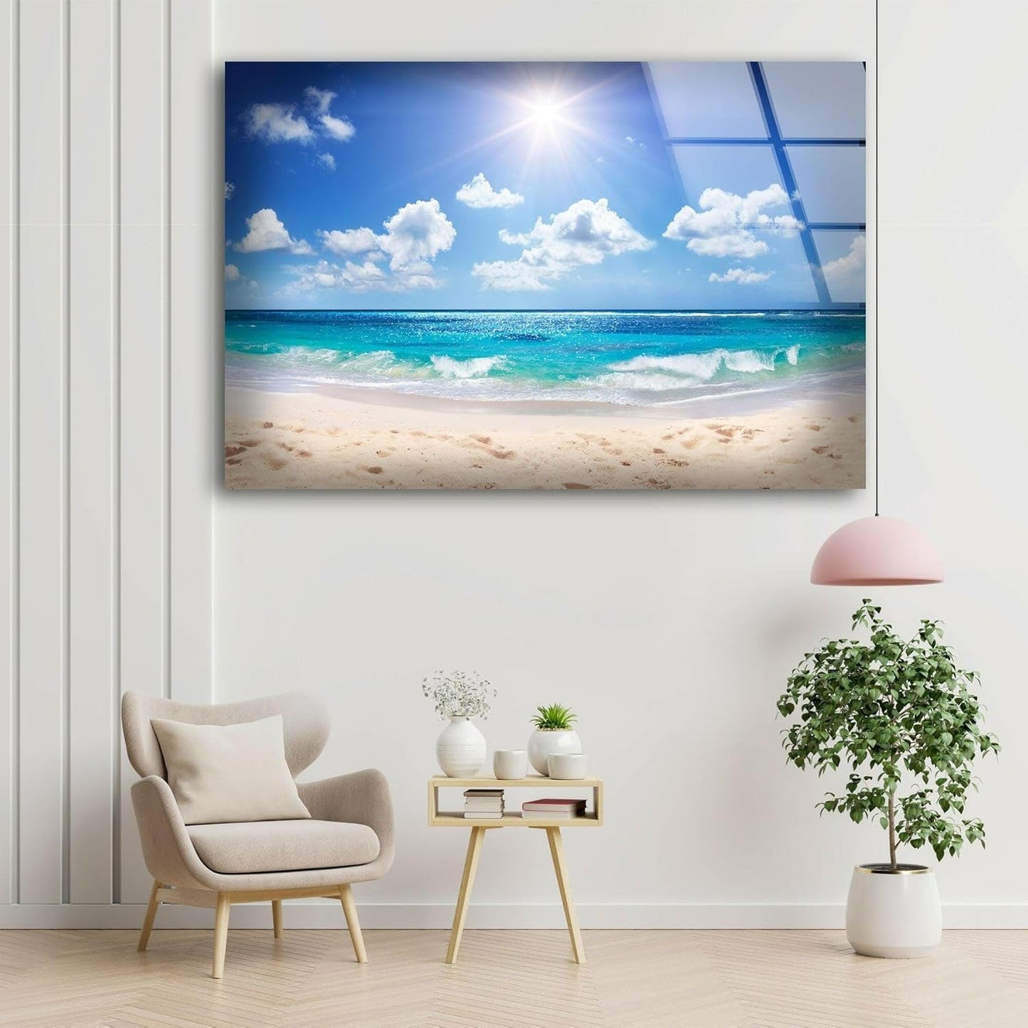 My Photostation.com Round 24'' Summer Beach Landscape Glass Wall ArtTempered Glass Printing Wall Decor Large Wall Art Wall Hangings