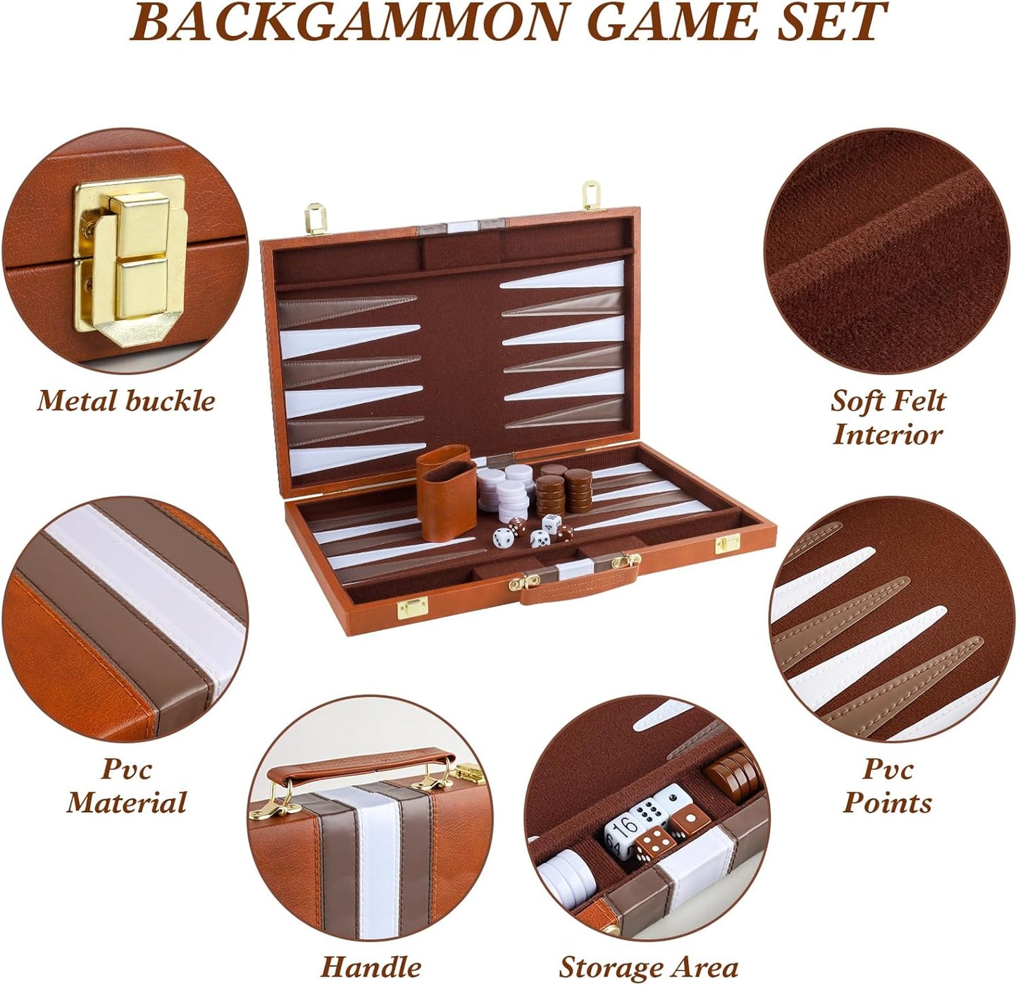 Backgammon Set 2 Players Classic Backgammon Sets for Adults Board Game with PU Leather Case Portable and Travel Backgammon Set (Brown, 18inch)