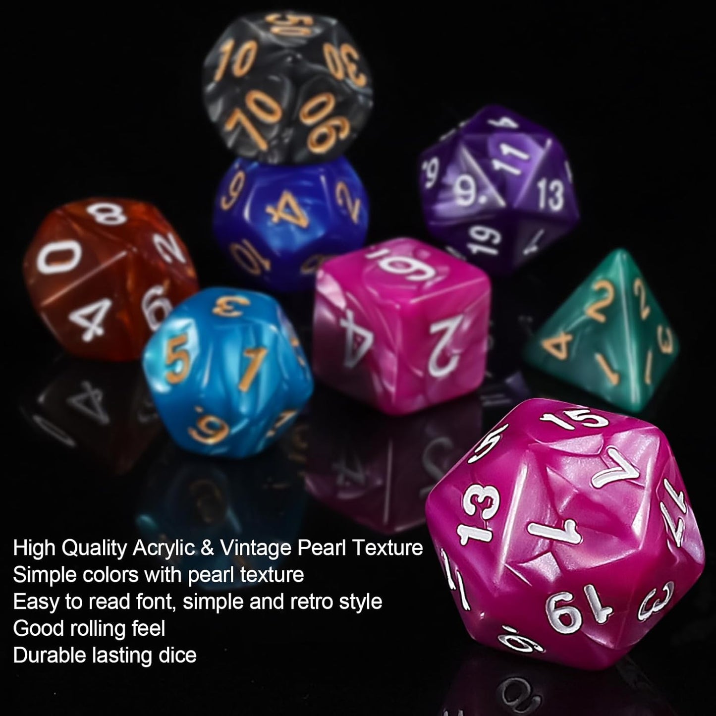 QMay Polyhedral Dice Set - 7 x 7 (49 Pieces) DND Dice with 7PCS Black Drawstring Bags Great for Dungeons and Dragons, RPG, MTG,Role Playing Table Games D4 D6 D8 D10 D% D12 D20