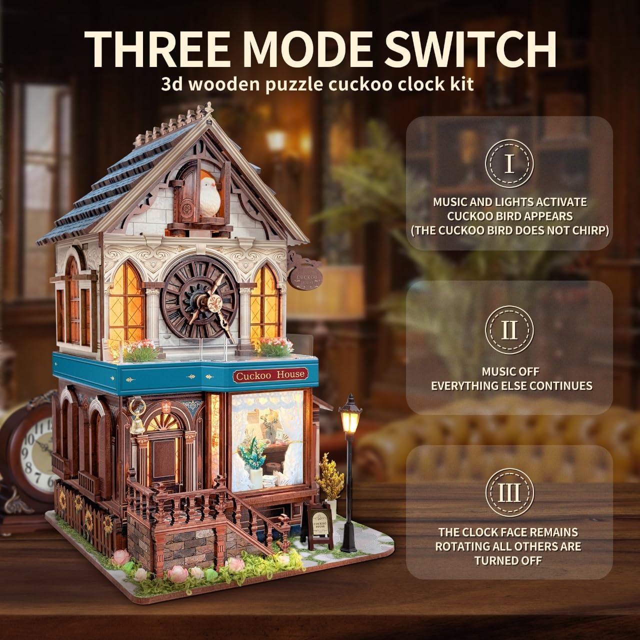 3D Wooden Puzzles - Miniature Cuckoo Clock House Kit, DIY Wooden Building Set for Adults and Teens, Mini Model Kit with 3-Mode Touch Switch - Cuckoo House (SQ-61)