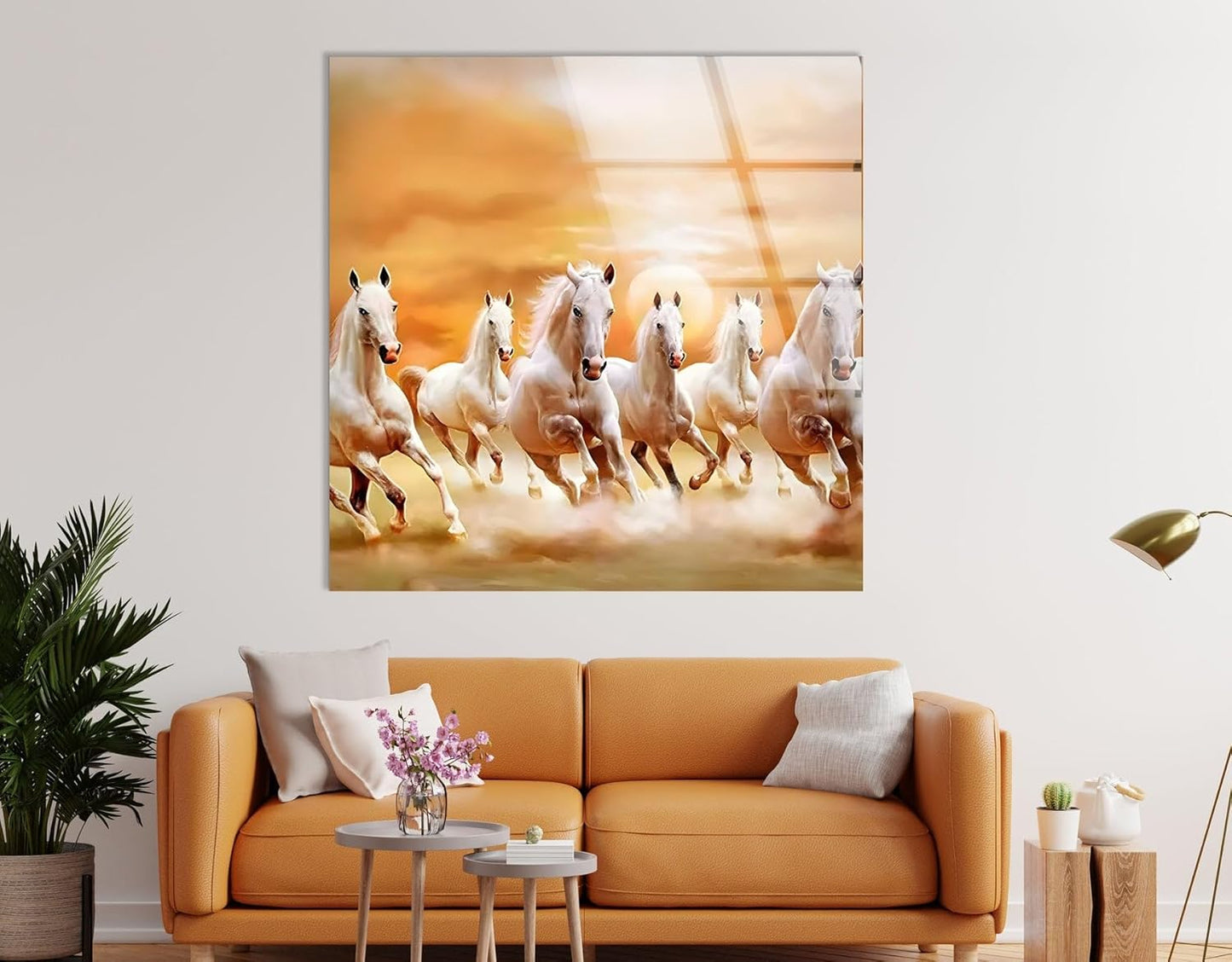 My Photostation.com 28Wx18H'' White Horses Running on Sunset Glass Wall ArtTempered Glass Printing Wall Decor Large Wall Art Wall Hangings