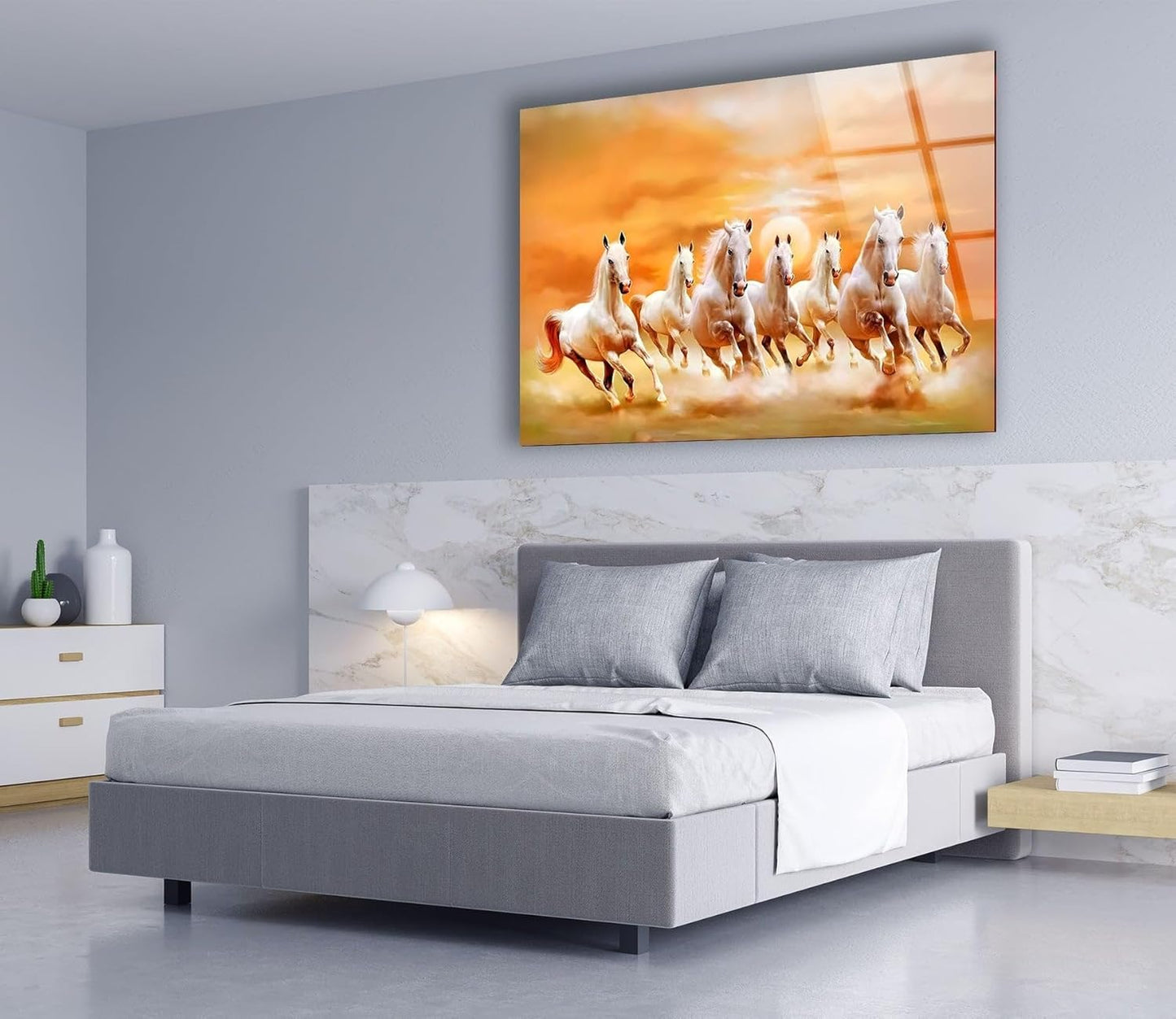 My Photostation.com 28Wx18H'' White Horses Running on Sunset Glass Wall ArtTempered Glass Printing Wall Decor Large Wall Art Wall Hangings