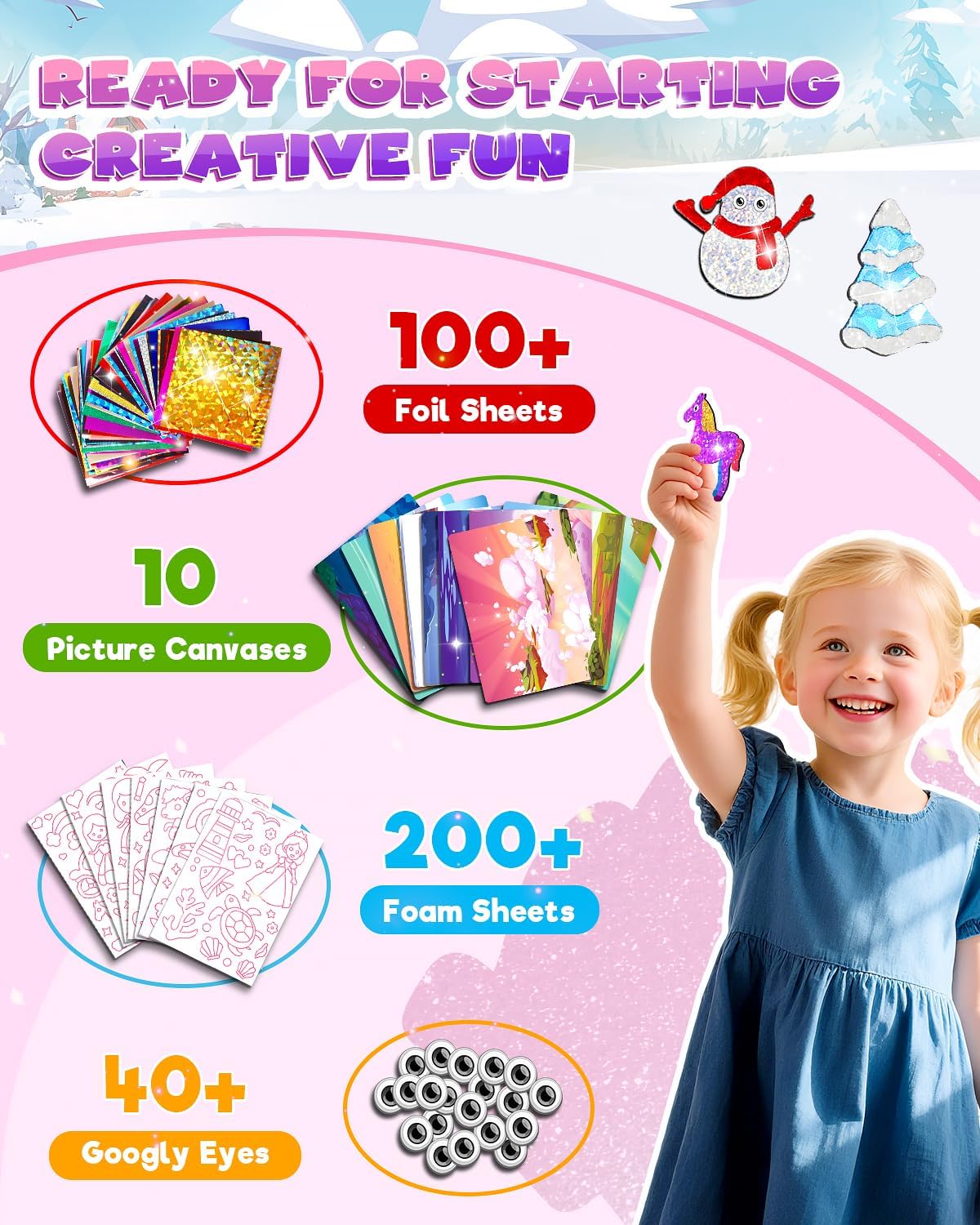 Baobrava Foil Art Fun Kit for Kids - DIY Toy Unicorn Princess Foil Art Craft Activity for Kids, Foam Stickers Fun Craft Kits & Supplies, Creative Christmas Birthday Gifts Travel Toys for 4 and Up