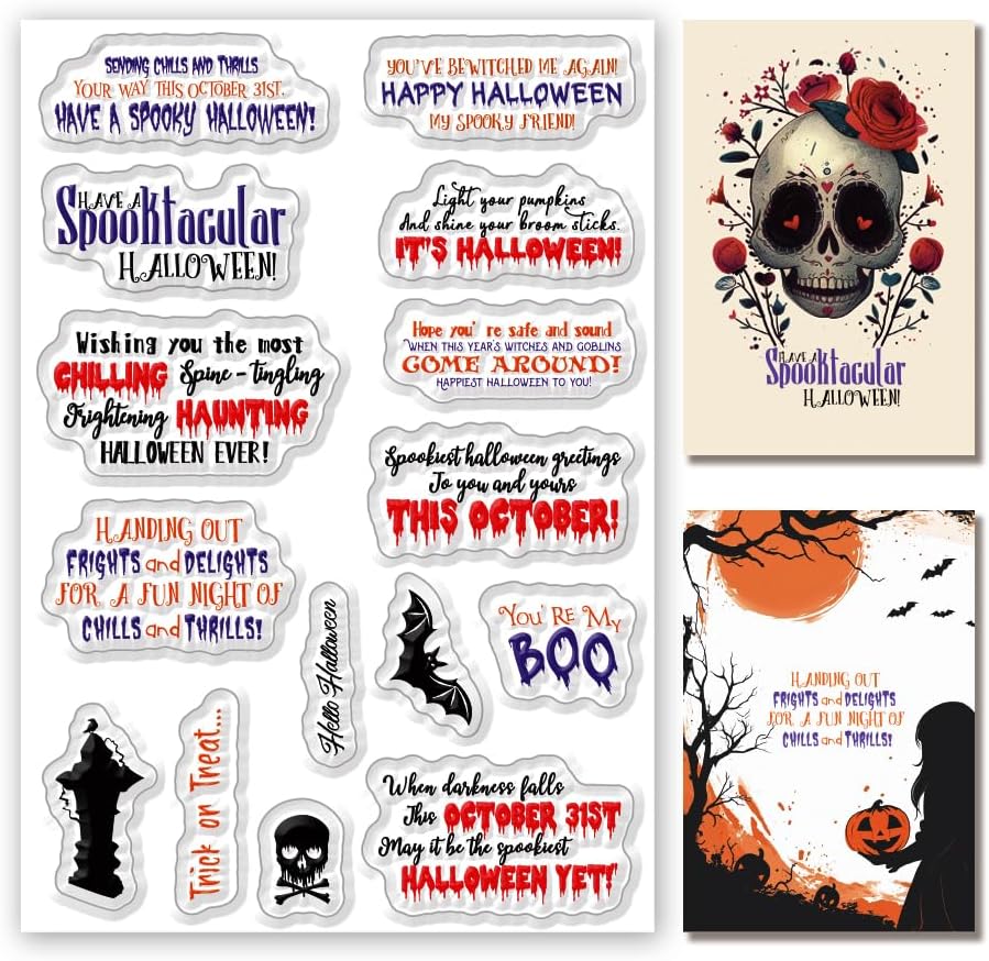 Halloween Words Clear Stamps for Card Making anding Halloween Alphabet Skulls Tombstones Bats Clear Stamps for Card Making Scrapbooking Crafting for DIY Paper Crafts Decoration