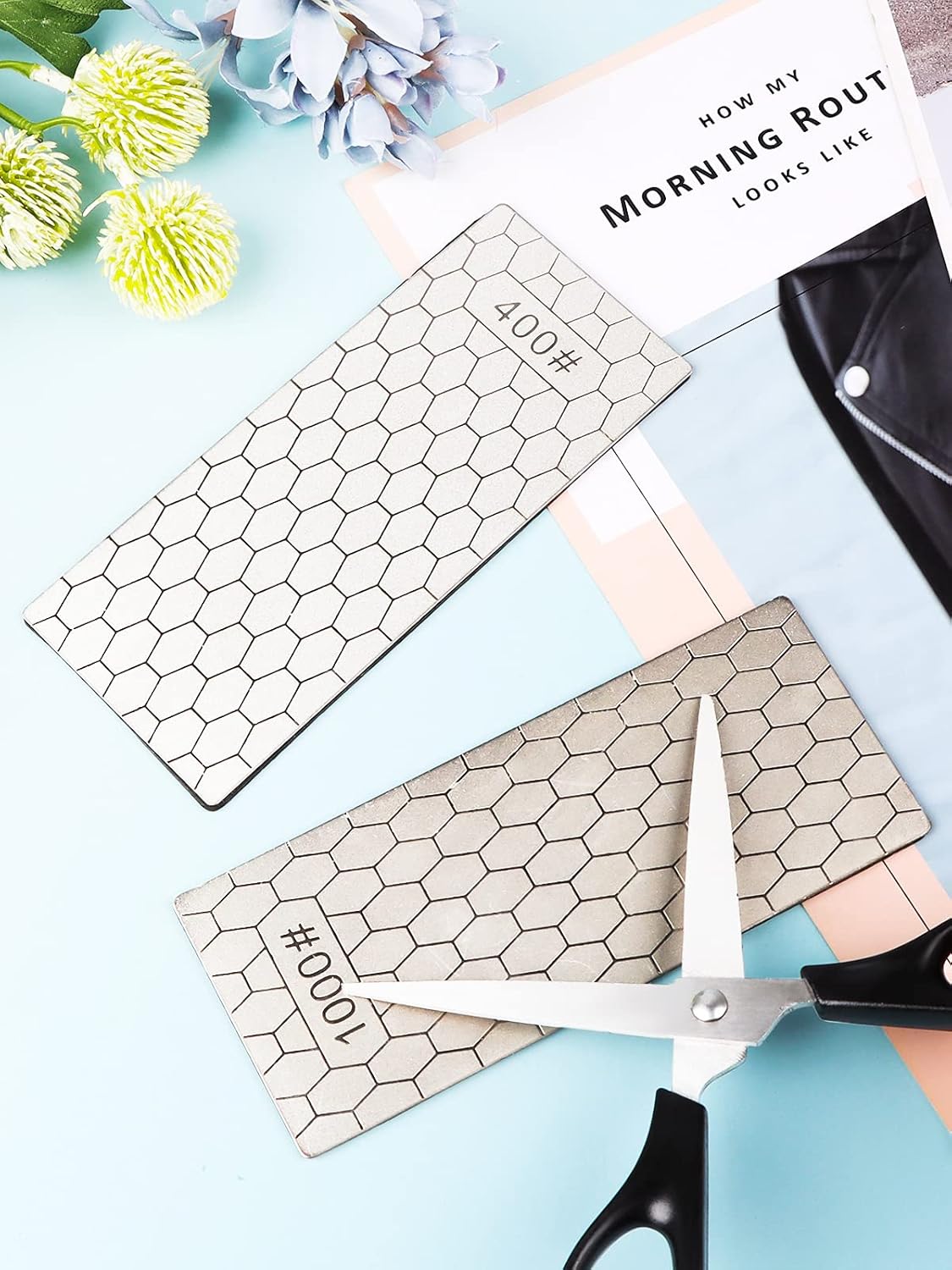 2PCS Diamond Sharpening Stone, Kalolary Knife Sharpener Stone Whetstone Honeycomb Surface Diamond Sharpener Plate with Non-slip Base for Pocket Knives Scissors, Outdoor Kitchen Tools (400/1000 Grit)