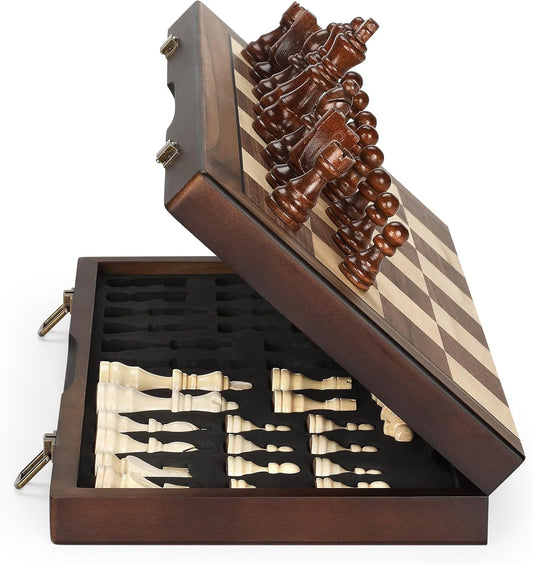 Magnetic Wooden Chess Set for Adults Kids 17'' Chess Board with Handmade Pieces, Folding Portable Travel Unique Chess Sets Game for Tournament Professional Beginner