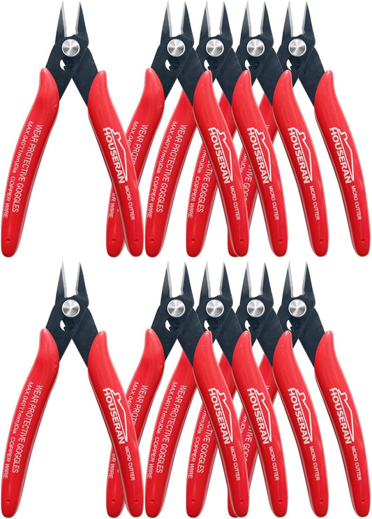 170 Wire Cutters, 10 PACK, 5 Inch Micro Flush Cutter, HOUSERAN Small Wire Cutters Spring Loaded Cutting Pliers, Side Cutters, Diagoanl Cutters for Jewelry Making, Models, Zip Ties Plastic Wire Snips
