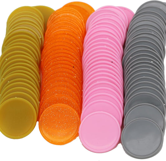Set of 100 Opaque Plastic Learning Counters Mini Poker Chips Game Tokens with Storage Box (Goldenrod+Pink+Gray+Starry Orange, 1.58 Inch)