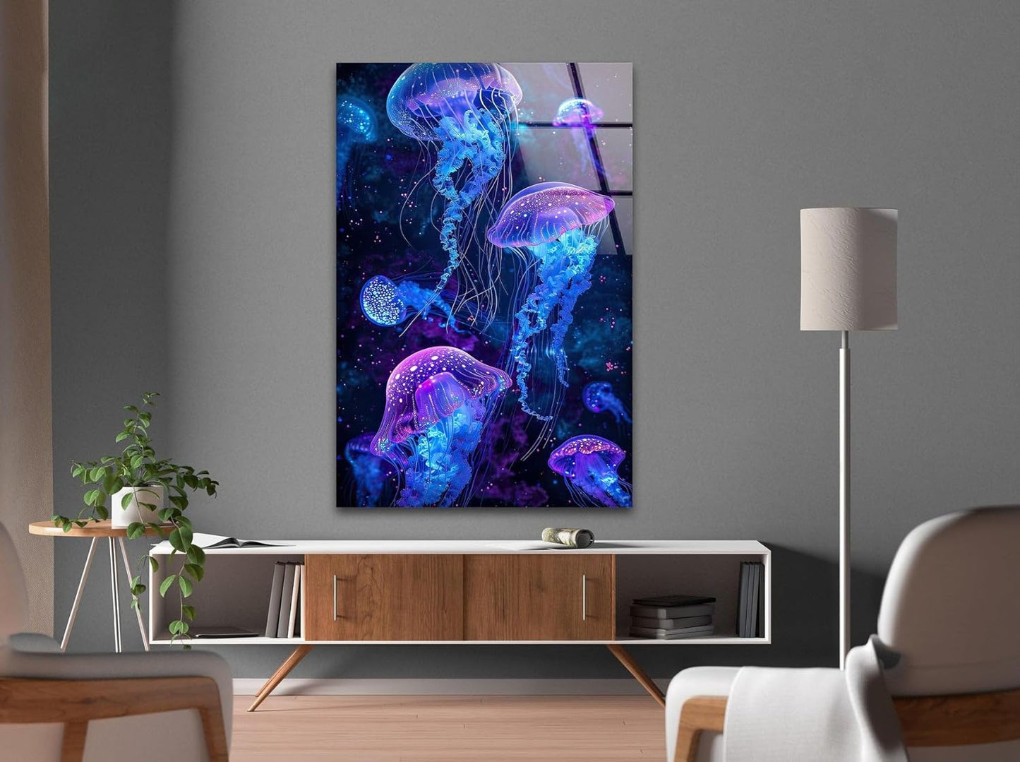 My Photostation.com 14Wx20H'' Glowing Jellyfish Glass Wall Art Tempered Glass Printing Wall Decor Large Wall Art Wall Hangings