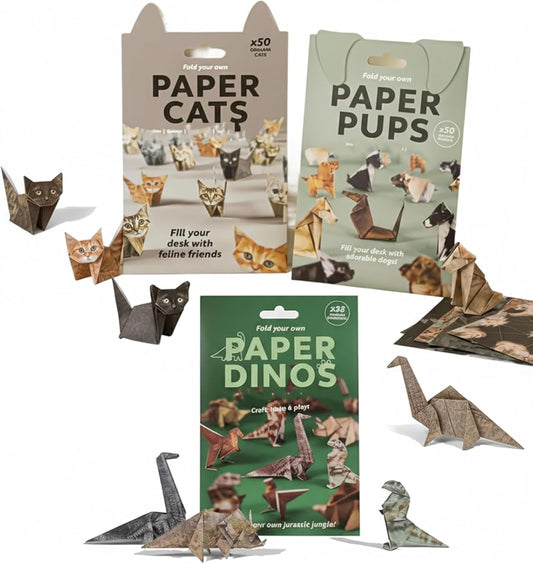 DIY Paper Cats Origami Kit - 50/30 Sheets DIY Paper Origami to Fold Your Own Cute Cat/Dog/Dino Figures - Perfect Desk Origami Cats Decoration & Creative Gift for Kids, Adults & Cat Lovers (Set of 3)
