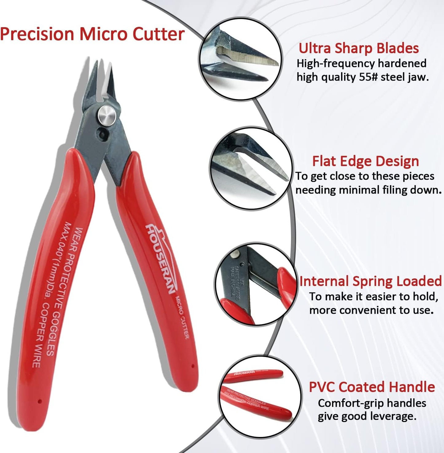 170 Wire Cutters, 10 PACK, 5 Inch Micro Flush Cutter, HOUSERAN Small Wire Cutters Spring Loaded Cutting Pliers, Side Cutters, Diagoanl Cutters for Jewelry Making, Models, Zip Ties Plastic Wire Snips
