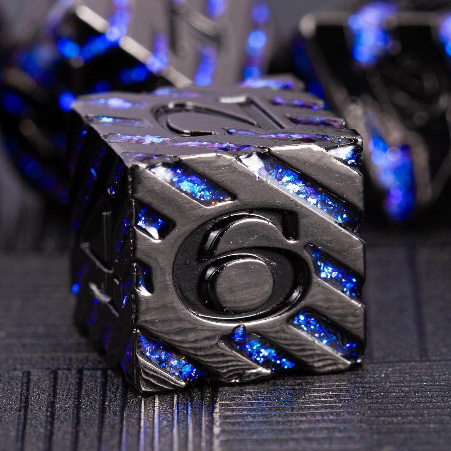 Metallic Glitter Stripes D&D Dice Set,7 PCS Polyhedral Dice with Gift,RPG Metal Dice Set Dungeons and Dragons Tabletop Game (Black Nickel Sapphire Blue)