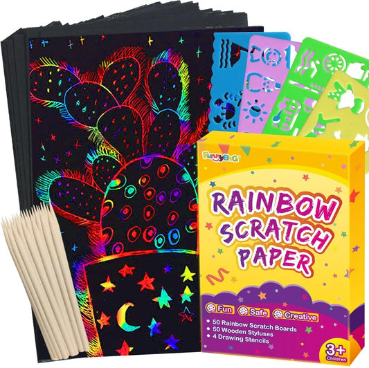FUNNYB&G Rainbow Scratch Paper Art for Kids - 100 Pcs Magic Rainbow Scratch Paper Off Set Scratch Easter Crafts Arts Supplies Kits Pads Sheets for Party Games Halloween Christmas Birthday Gifts