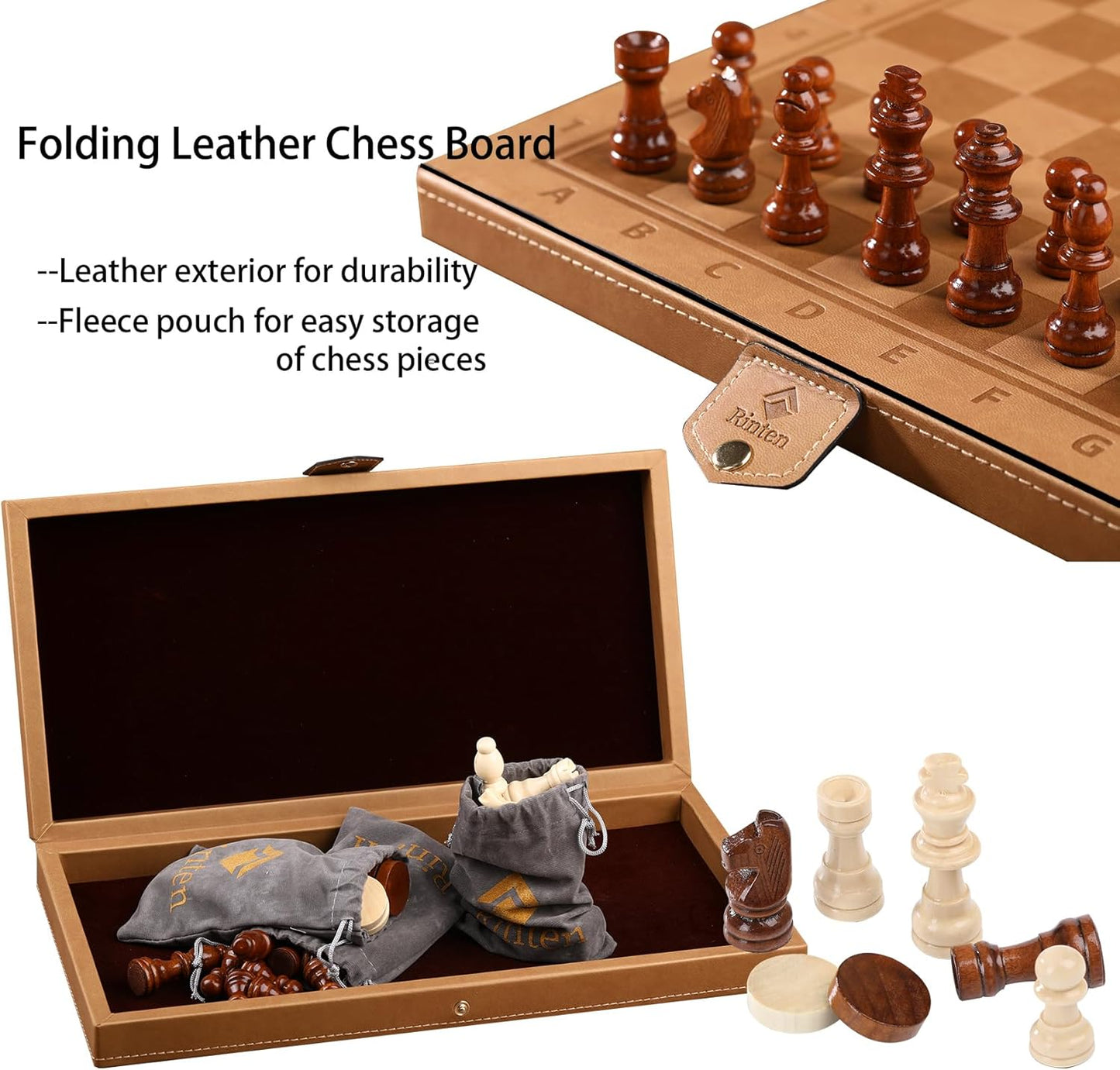 Chess Set Board for Kids & Adults, 12" Travel Magnetic Chess & Checkers Folding Board 2 in 1 Sets, Portable Folding Leather Chess Boards with 3 Velvet Bag Packaging Pieces