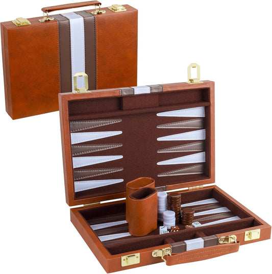 Backgammon Set 2 Players Classic Backgammon Sets for Adults Board Game with PU Leather Case Portable and Travel Backgammon Set (Brown, 11inch)