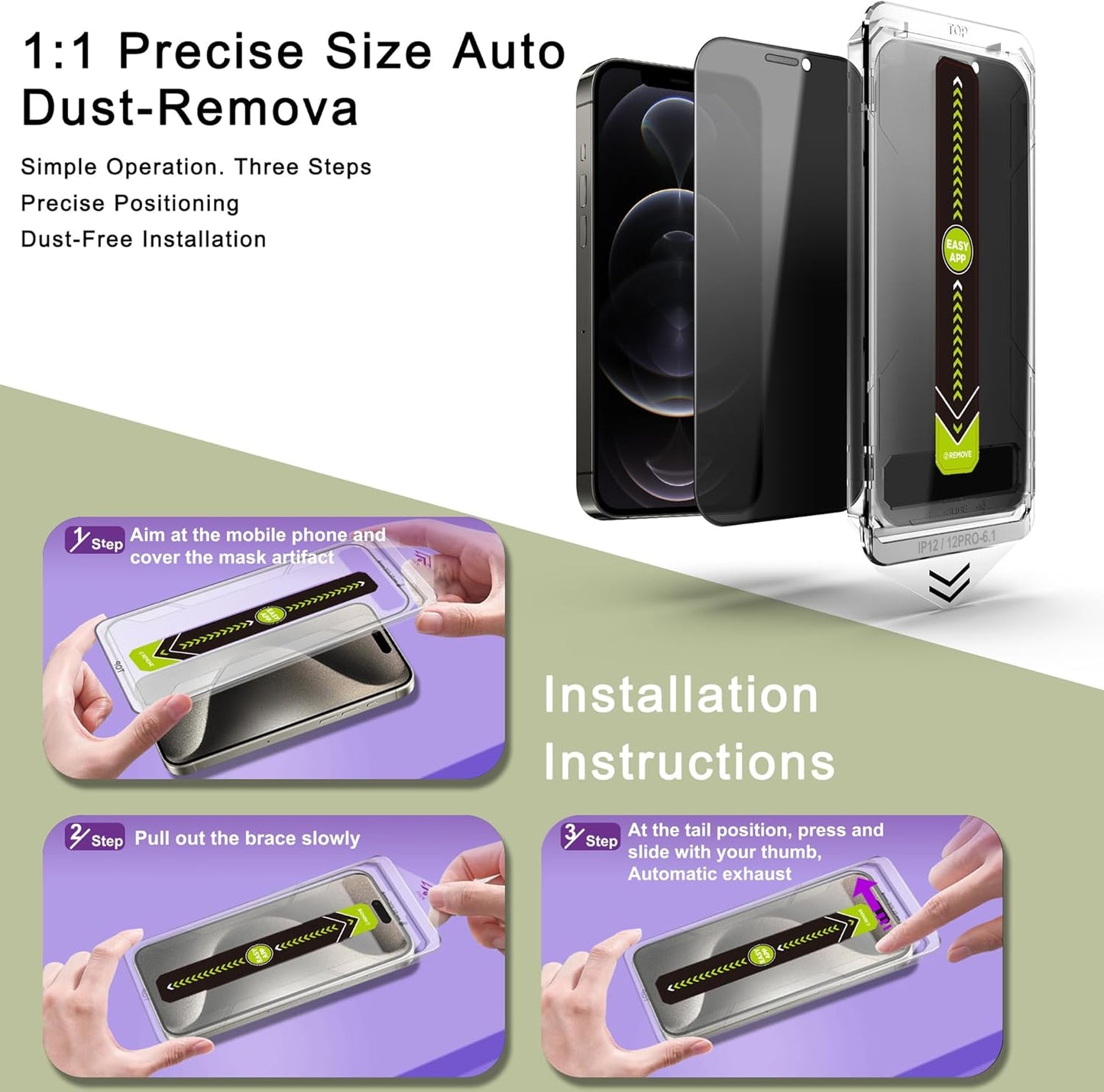 (2-Pack Anti-Spy Privacy Screen Protector for iPhone 12/12 Pro(6.1-Inch),9H Tempered Glass,Full Coverage,Anti-Fingerprint,Auto Dust Removal,Bubble-Free,Easy Installation