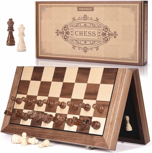 AMEROUS 15 Inches Magnetic Wooden Chess Set with 2 Extra Queens/Folding Board/Chess Pieces Storage Slots/Instructions, Portable Travel Chess Game for Beginner/Classic Board Game