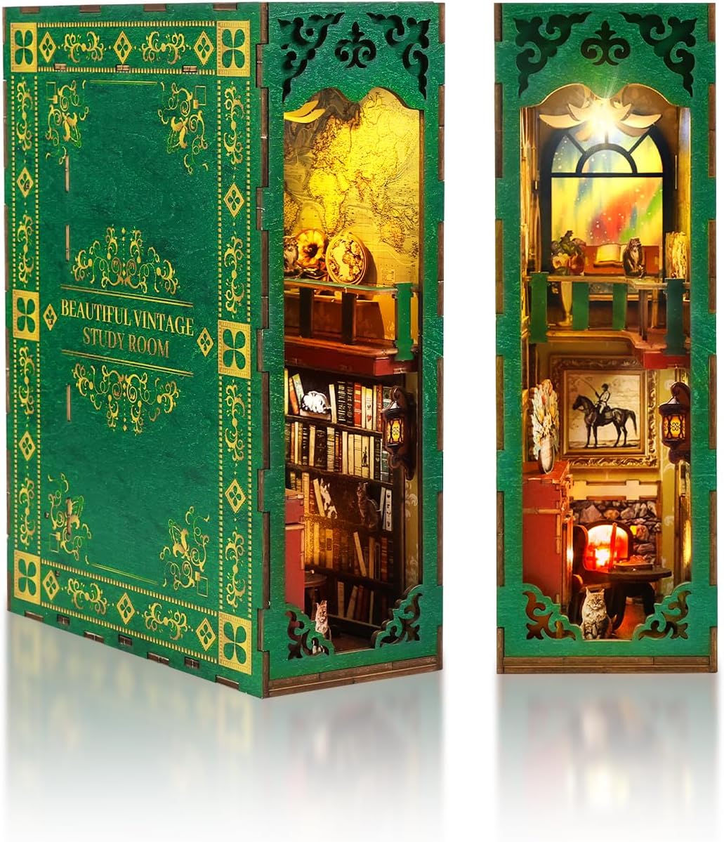 Book Nook Kit,Vintage Library Miniature House Kit for Teens and Adults with LED Lights,3D Wooden Puzzle Tiny House Booknook Bookend Bookshelf Decor Model Build.(Vintage Bookstore