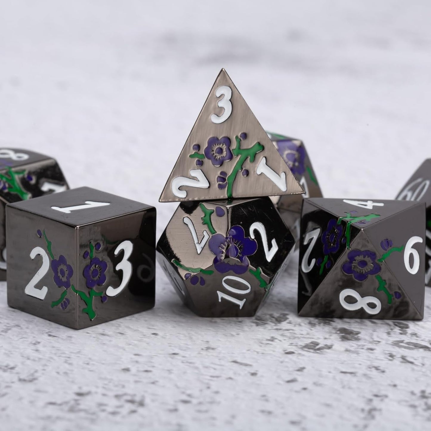 Black Metal Dice Set D&D,7pcs RPG Metal Flower Dice Set with Gift Box,RPG Polyhedral Metal Dice for Table Game(Black Nickel - Purple Green)