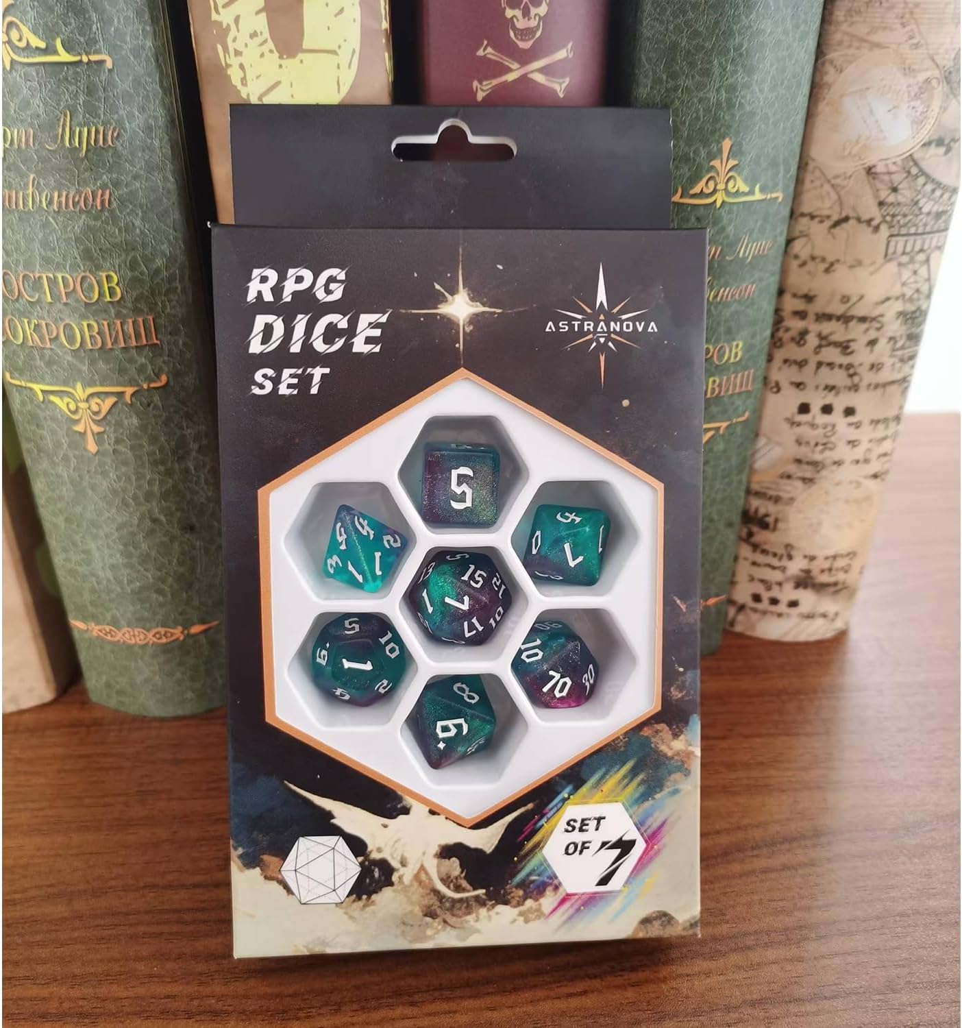 DND RPG Dice Set, Nebula Polyhedral Dice for Dungeons and Dragons, Mystery 7-Piece Set (Green Purple)