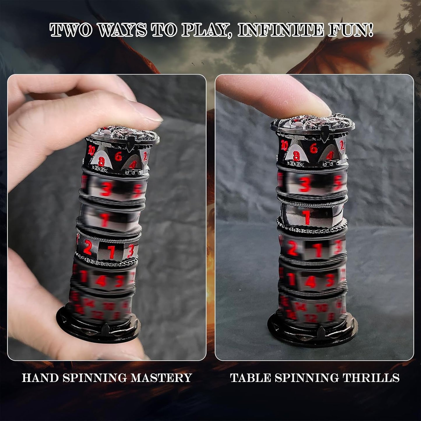 DND Dice Spinner Tower Set - Unique D4 D6 D8 D10 D10% D12 D20 All in One D&D Metal Dice - Cool Role Playing Gifts for Dungeons and Dragons TRPG MTG Games Lover Player (Tower-Black Nickel Red)