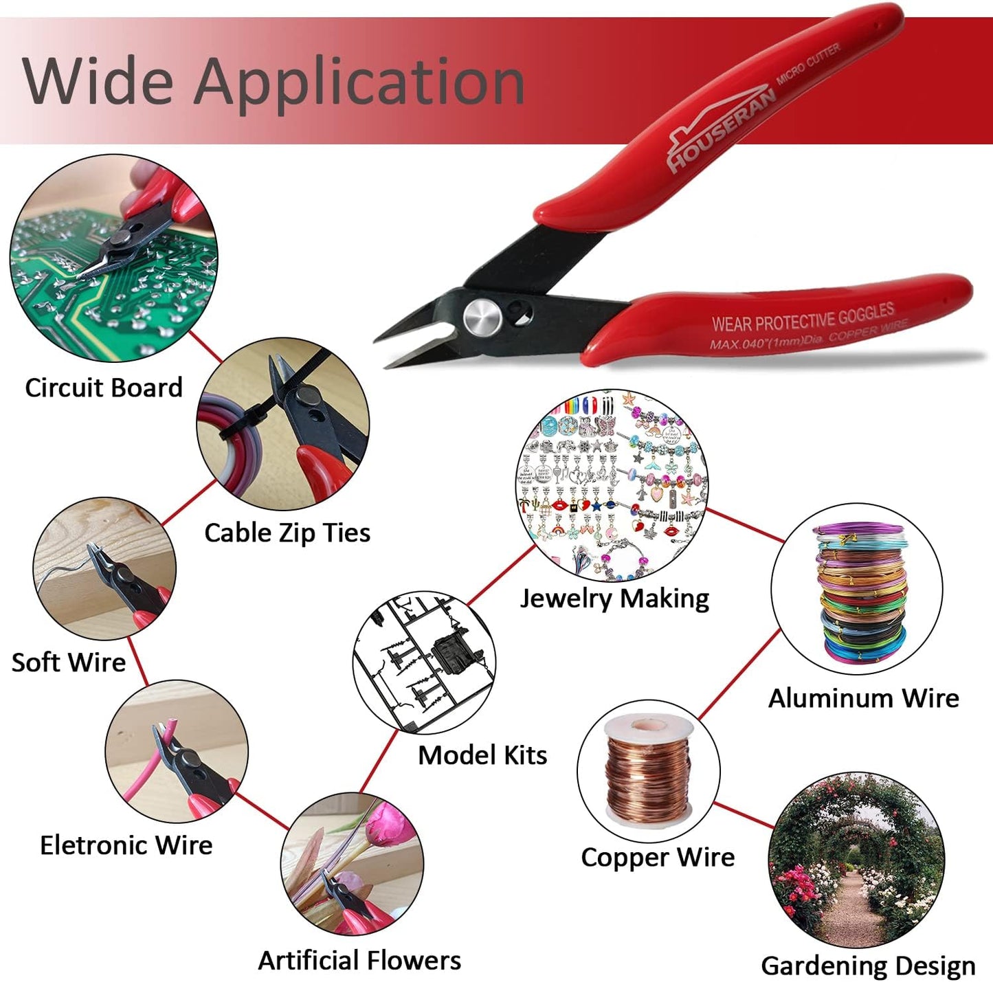 170 Wire Cutters, 10 PACK, 5 Inch Micro Flush Cutter, HOUSERAN Small Wire Cutters Spring Loaded Cutting Pliers, Side Cutters, Diagoanl Cutters for Jewelry Making, Models, Zip Ties Plastic Wire Snips