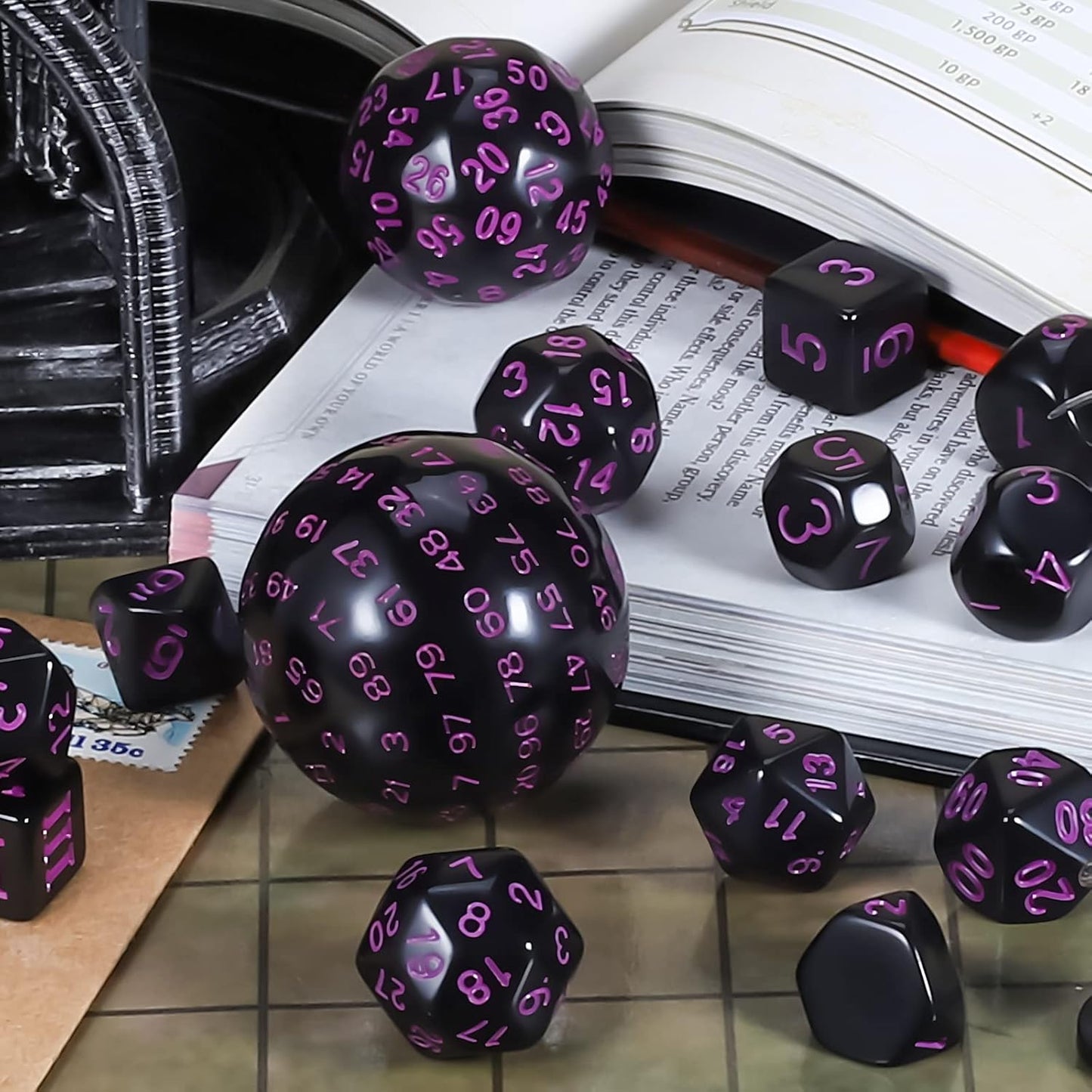 CiaraQ DND Polyhedral Dice Set (15pcs) D4-D100 Game Dice with Dice Bag for Dungeons and Dragons Role Playing Table Games (Black & Purple)