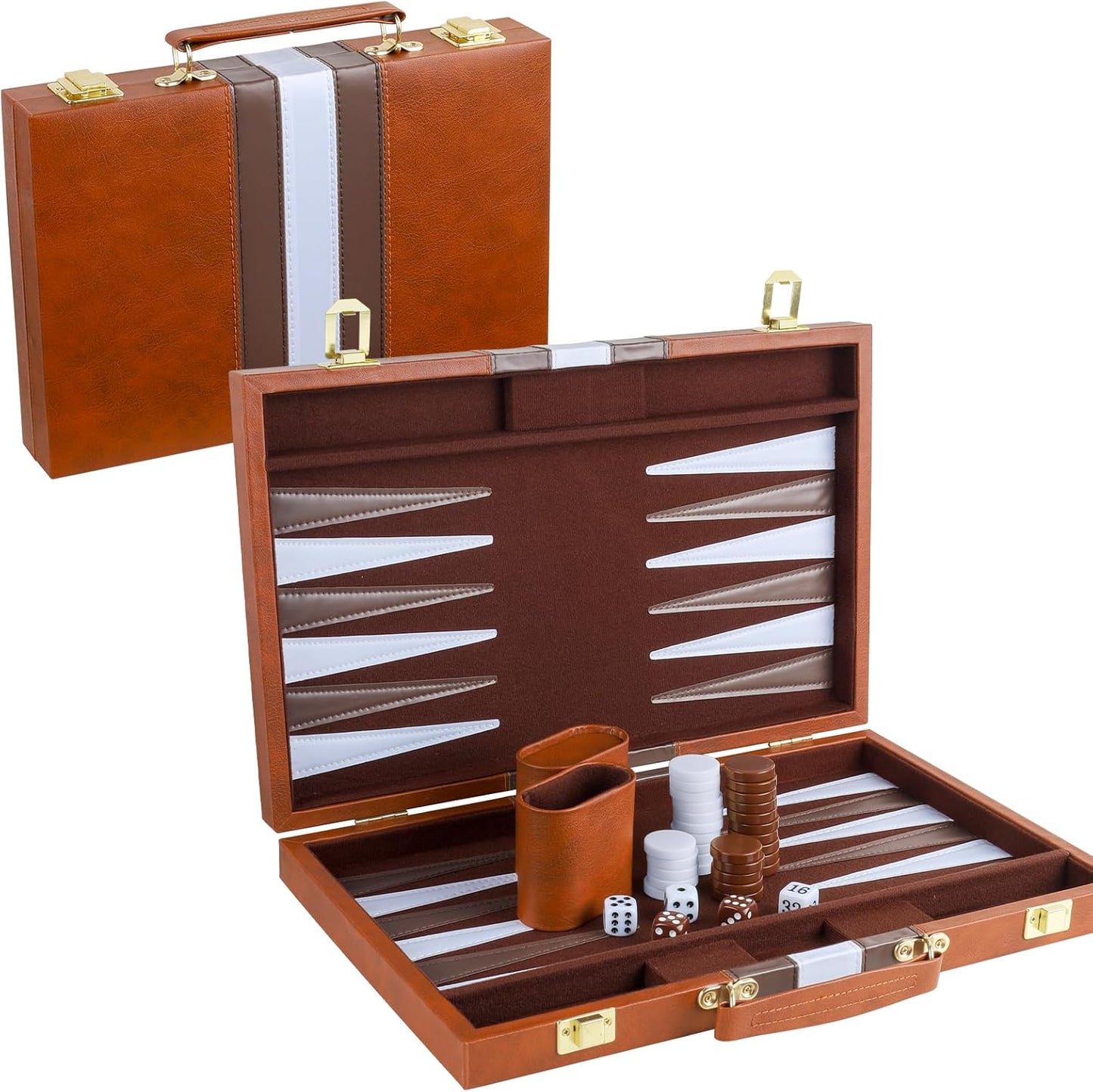 Backgammon Set 2 Players Classic Backgammon Sets for Adults Board Game with PU Leather Case Portable and Travel Backgammon Set (Brown, 15inch)